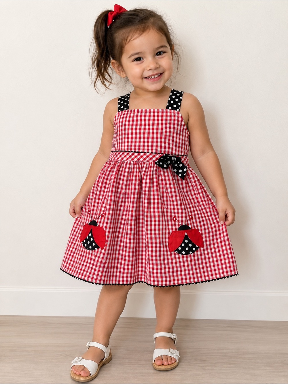 Red Gingham Sleeveless Kids Dress with Polka Dot Accents Size 2T